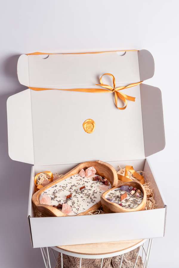 Glanzende witte cadeau box gevuld dough bowl kaarsen met edelstenen - Afbeelding 7