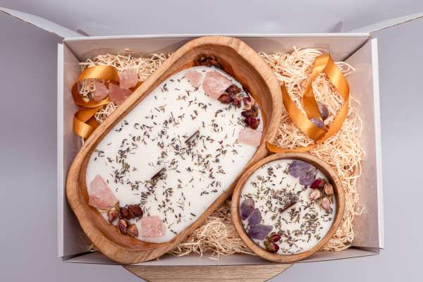 Glanzende witte cadeau box gevuld dough bowl kaarsen met edelstenen - Afbeelding 3